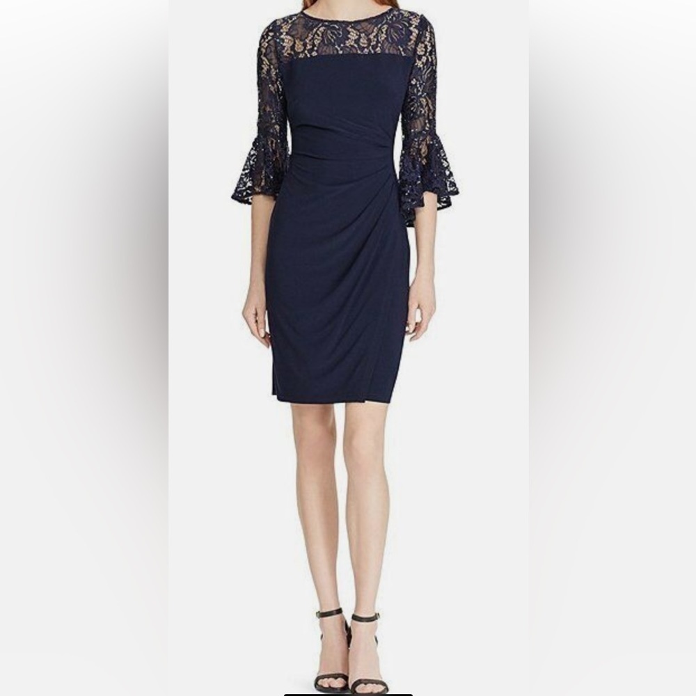 Lauren Ralph Lauren~Navy Blue~Sequined Lace~ Evening Dress~Bell Sleeves~Size 2